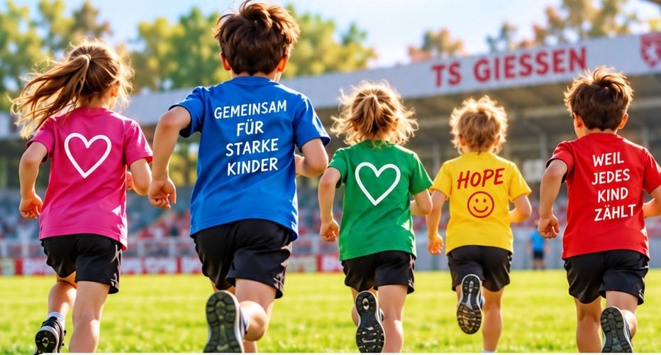 Fünf Kinder in bunten T-Shirts mit Herzen und Aufschriften wie „Hope“ und „Weil jedes Kind zählt“ laufen über den Rasen eines Stadions.