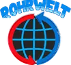 Logo von Rohrwelt: Schriftzug über einem Globus mit rotem und blauem Pfeil